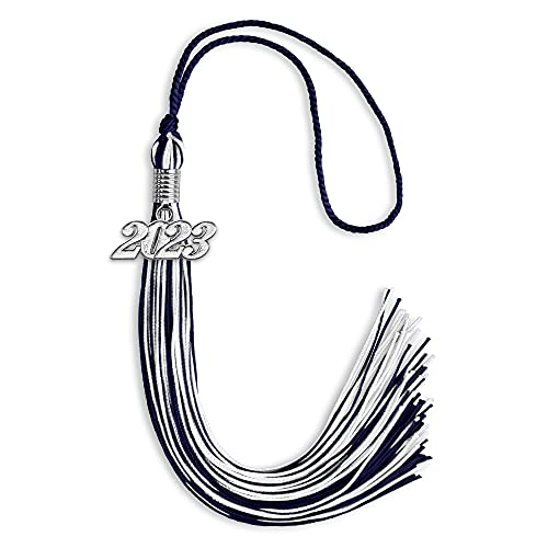 Endea Graduation Mixed Double Color Tassel with Silver Date Drop (Navy Blue/White, 2023)