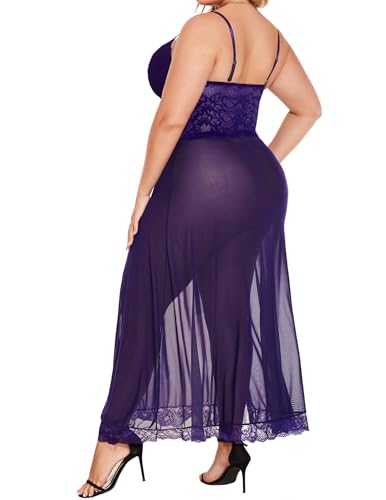 Image of Alrovetoney Plus Size Lingerie For Women Babydoll Sexy Mesh Maxi Nightdress Exotic Sleepwear Side Slits