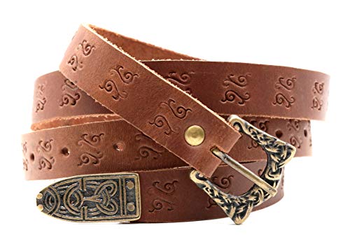 Mythrojan Medieval Leather Renaissance Viking Belt Embossed design w/Brass Buckle