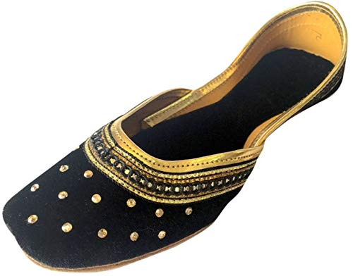 Step n Style Women Flat Velvet Khussa Shoes Punjabi Jutti Handmade Mojari Ballerina (9.5) Black