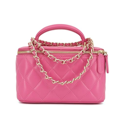 M-ioi-M Soft Lambskin Small Purse Genuine Leather Mini Crossbody Bag for Women with Gold Chain Strap,Quilted Top-Handle Shoulder Handbag,Classy Designer Dressy Evening Purse, Vanity Case Bag(Hot Pink)