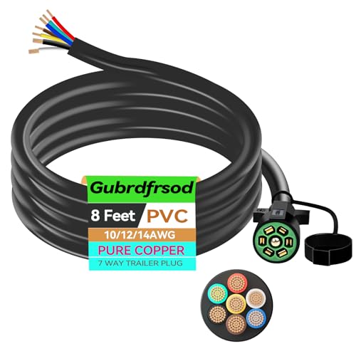 Image of 8 Ft 7 Pin Trailer Plug 10-14AWG 7 Way Trailer Plug Brass 7 Pin Trailer Wiring Harness Heavy Duty 7 Wire Trailer Wiring Harness Kit with Dust Cover 7 Way Trailer Wire for Rv Trailer Camper