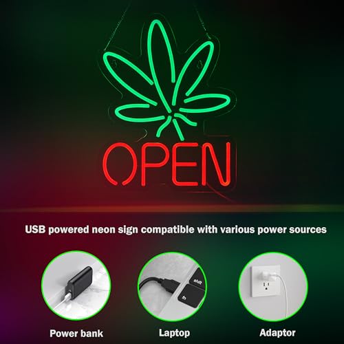 Image of Marijuana Open Neon Sign for Wall Decor Hemp LED with Dimmable Switch Sign Man Cave Art Bars Beer Cannabis High Life Neon Signs Light, Red+Green