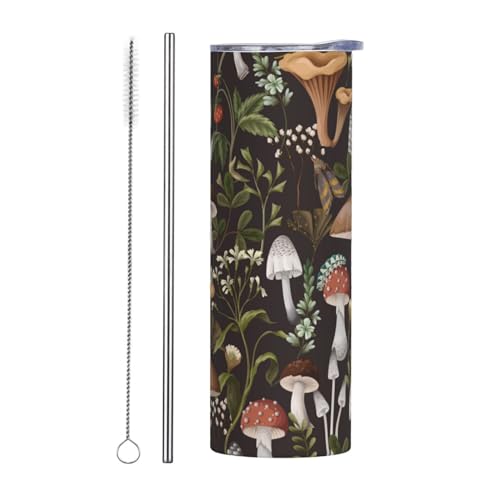 Kaireno Vaso de hongo de 20 onzas con tapa y pajilla, vasos delgados de acero inoxidable con aislamiento para plantas, taza de viaje para café, botella de agua, regalo para mujeres amantes de las
