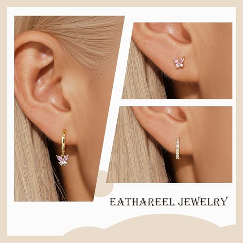 14K Gold Plated Hoop Earrings for Women, Dainty Pink Butterfly Star Sun Heart Hoop Earring Sets with S925 Sterling Silver Post, Pink Earring Stacks Jewelry for Women Trendy4