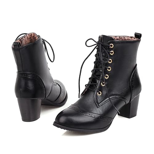 SHEMEE Women's Wingtip Block Heels Ankle Boots Lace-Up Stacked Chunky Heel Booties Round Toe Short Boots2