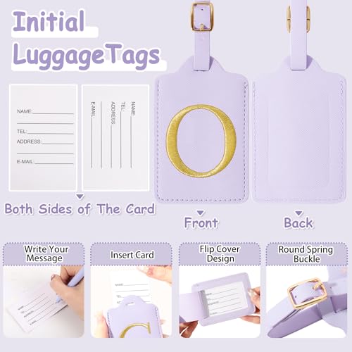 Image of Initial Letter Luggage Tags for Suitcases, Personalized Embroidered Letter Luggage Bag Suitcase Identifier Name Tag, Cute PU Leather Travel Luggage Tags, Bag Tags for Luggage Handbags(Purple O)