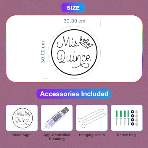 Image of Mis Quince Fifteen Colorful Neon Sign for Wall Decor 3D Art Carving Design Custom RGB Dimmable Color Changing LED Neon for Happy Birthday Party Home Room Rainbow Logo Personalized Sign 30x30 CM