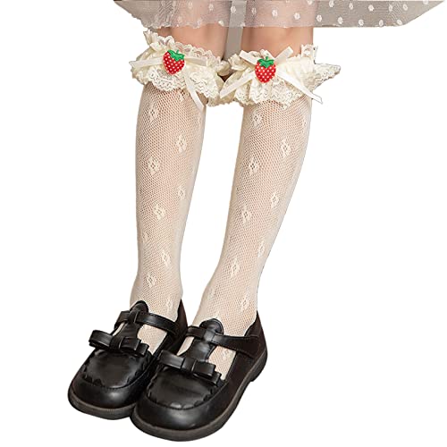 Kids Girls Floral Lace Knee High Socks Ruffle Strawberry Stockings
