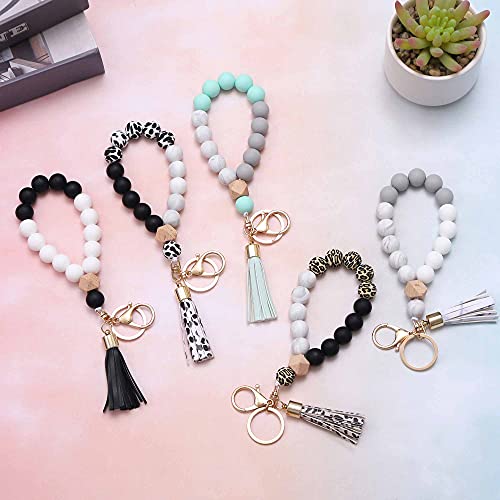 Image of BAOSIWA Silicone Key Ring Bracelet Wristlet Keychain Unique Beaded Bangle Key Chains for Women with Leather Tassel