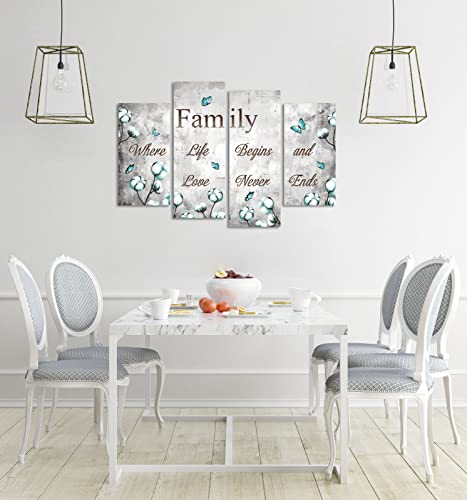 Fushvre 4 Pieces Cotton Canvas Artwork Family Where Life Begins And Love Never Ends Sign Wall Decor Teal And Grey Painting Art For Modern Farmhouse Home Living Room #TOP2