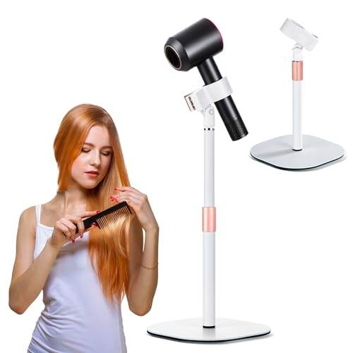 Hands Free Hair Dryer Stand Holder, Countop Blow Dryer Holder with 360 Degree Rotating, Height Adjustable, Universal Grip Works for 99% Blow Dryer (White)