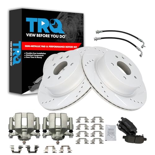 Image of TRQ Performance Rear Brake Pad and Rotor Set Semi Metallic Slotted Drilled G Coated Rotors Calipers Compatible with 2005 Infiniti G35 Nissan 350Z
