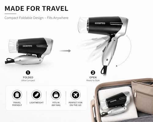 Image of GUSTTO Foldable Hair Dryer 1100W | Compact Travel-Friendly Hair Dryer with Foldable Handle, Hanging Ring, 2 Heat & Speed Settings, Lightweight & Portable (Satin Black), BIS Certified