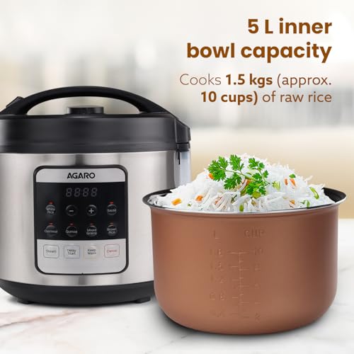 AGARO Royal Electric Rice Cooker, 5L Ceramic Coated Inner Bowl, Steaming Basket, 5 Preset Cooking Functions with Advanced Fuzzy Logic, Keep Warm Feature, Cooks up to 8 Cups (1500g) of Raw Rice, Silver - Image 2