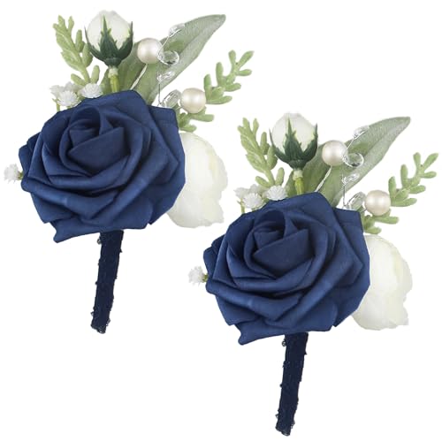 Rinlong 2Pcs Navy Blue Boutonnieres with Pins for Men, Groom, Groomsmen