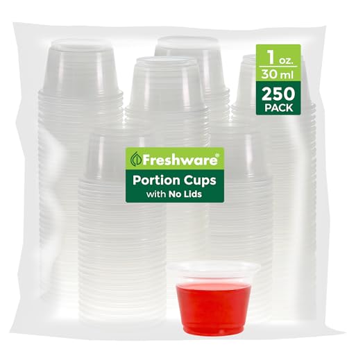 Image of Freshware Plastic Portion Cups (No Lids) [1 Ounce, 250 Count] Disposable Plastic Cups for Meal Prep, Salad Dressing, Jellos Shot Cups, Souffle Cups, Condiment and Dipping Sauce Cups
