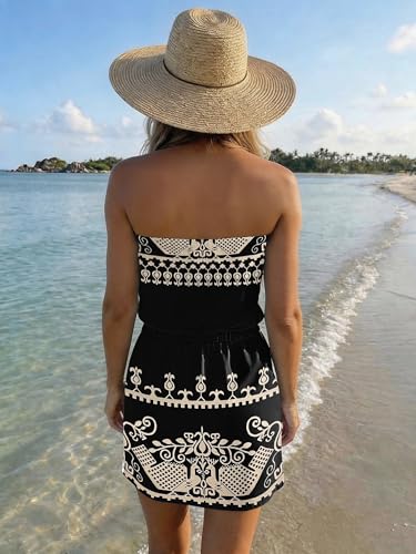 Image of Summer Dress for Women Strapless Beach Cover Ups Boho Sundress Mini Dress Drawstring Waist with Pockets