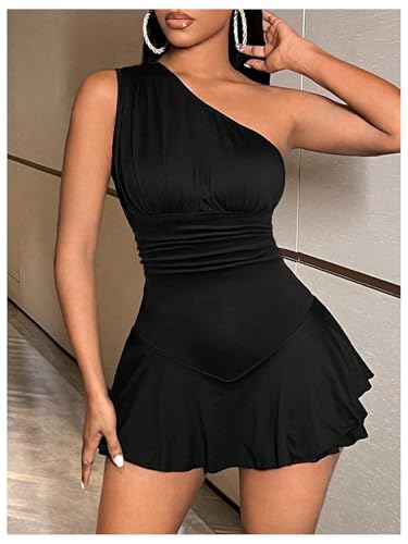 Image of WDIRARA Women's One Shoulder Ruffle Hem Dress Hign Waist A Line Mini Dress with Short