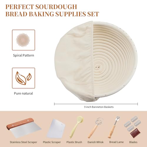 Image of Dimpola Banneton Bread Proofing Basket Banneton Basket Set Sourdough Proofing Basket Round Proofing Bowls Handmade Rattan Baskets and Liners (Round 9 inch Baking Set)