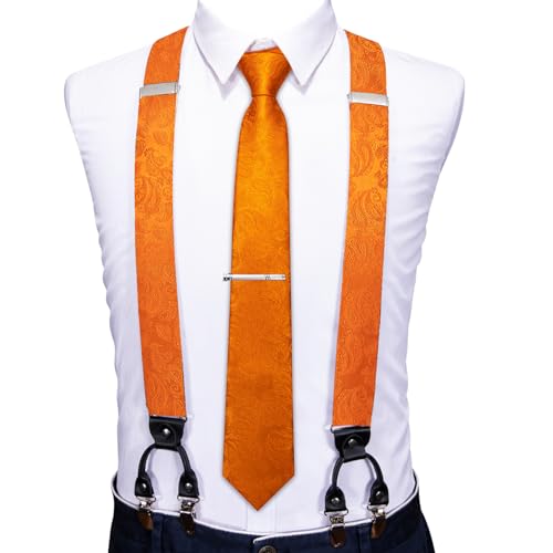 Image of Barry.Wang Men Suspender Set with Necktie Elastic Y Type Heavy Duty 6 Clips Braces Tie Handkerchief Cufflink Pin 6PCS