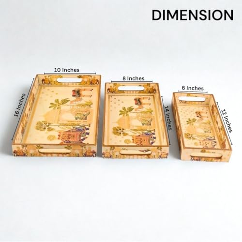 Image of Wooden Serving Tray with Gold Engraving | Set of 3 | Size : 16 x 10 inch, 14 x 8 inch & 12 x 6 inch | Enamel Coated Waterproof | Rectangular | Decorative Trays | Royal Camel and Elephant Set