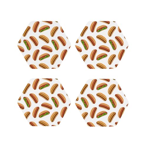 Set di 4 sottobicchieri esagonali in pelle, leggeri con stampa hot dog, sottobicchieri bianchi per scrivania, sottobicchieri anti-scottature, per decorare la tavola dell'ufficio
