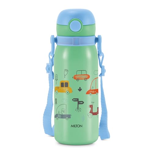 MILTON Torque 650 ISI Certified Stainless Steel Water Bottle, Leak Proof, Rust Proof, Single Walled,1 Yr Warranty, Ideal Sipper Water Bottle for School Kids Bottle, 625 ml, Aqua Green (Cars)