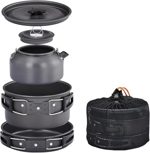 Image of NILKANTH Camping Cookware Outdoor Kettle Pot Pan Utensil Backpacking Out Bag Cooking Picnic Cookset for 2 Person (Black)