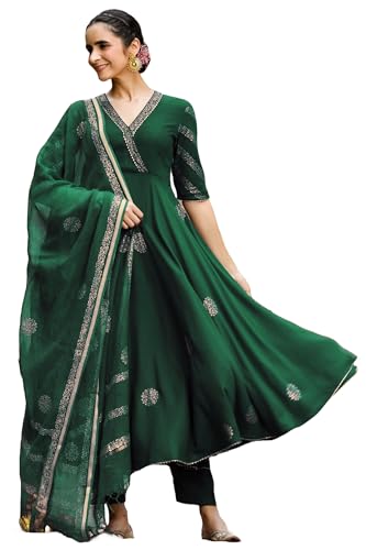 Image of GoSriKi Women's Cotton Blend Printed Anarkali Kurta with Pant & Dupatta | Ethnic Wear for Women | Indian Casual Office Daily Summer Outfit