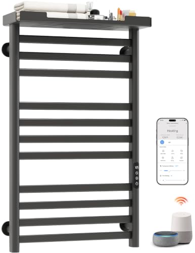 ENZE Smart Heated Towel Rack with Shelf, 11-Bar Wall-Mounted, Gray
