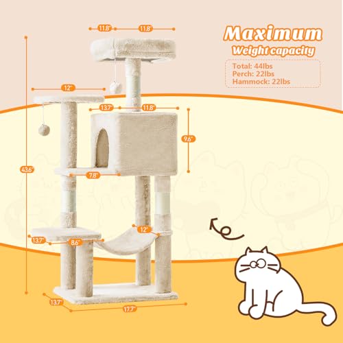 image for Sweetcrispy 44 Inch Cat Tree Tower, Cat Climbing Tower with Natural Si