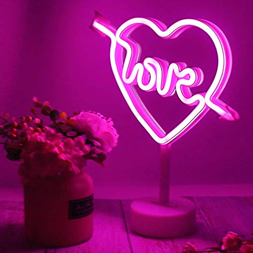 Lampe néon « Love » en forme de cœur et flèche rose - Veilleuse avec socle - LED néon - Fonctionne avec piles - Lampe de table - Décoration pour chambre d'enfant,...