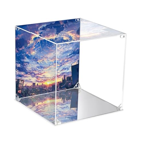 CHILLCASE UV Printed Background Acrylic Display Case with Mirror Base Anime Scene Clear Display Box Stand for Collectible Showcase for Action Figures Models PVC(Anime City,11.8×11.8×11.8 inch