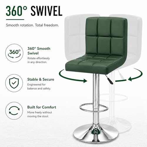 Image of Kemon KaiMeng Modern Adjustable Swivel Bar Stool Chair with Backrest, PU Leather Hydraulic Counter Stool with Footrest for Kitchen Island, Cafe & Home Bar, Green, Square Tufted Back Stool