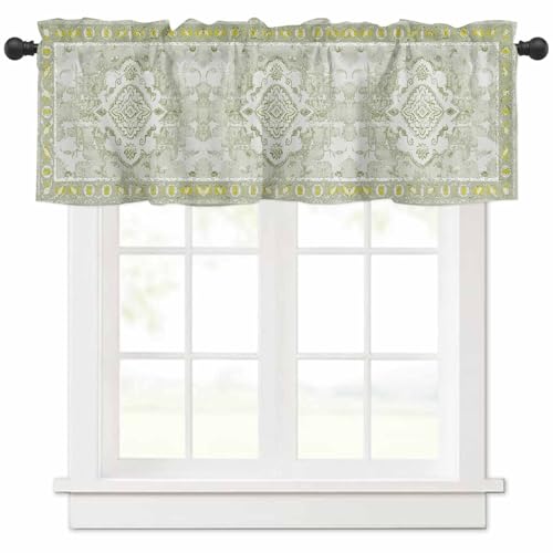 TweetyBed Boho Valances for Windows Bohemia Rod Pocket Valance Window Treatments 1 Panel Tribal Vintage Rustic Sage Green Short Curtains for Kitchen Windows Bathroom Bedroom 42 x 12 inch