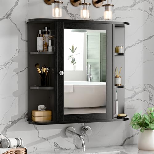 Meilocar Bathroom Medicine Cabinet with Mirror, Bathroom Mirror Cabinet with 6 Open Shelves, Modern Bathroom Wall Cabinet with Mirror Medicine Cabinet for Bathroom, Black - Thumbnail 5