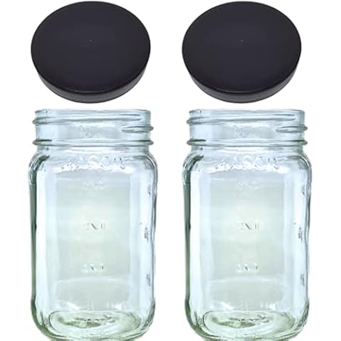 JARMING COLLECTIONS Mason Jars 16 Oz Glass With Lids (BPA Free) Pint Mason Jars with Plastic Lids 16 oz – Perfect for Overnight Oats Storing Liquids, Sauces and more (Set of Two Black) Cover