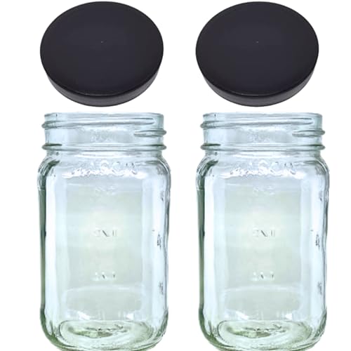JARMING COLLECTIONS Mason Jars 16 Oz Glass With Lids (BPA Free) Pint Mason Jars with Plastic Lids 16 oz – Perfect for Overnight Oats Storing Liquids, Sauces and more (Set of Two Black)