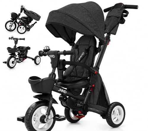 JMMD 8 in 1 Tricycle Stroller with Push Handle, Foldable Trike with 360° Swivel Seat, Reclining Backrest, All-Terrain Wheels, Dual Brakes, Canopy & Storage, Gift for Kids 18 Months to 5 Years, Black - Image 2