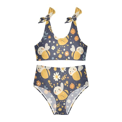 Vintage Embroidery Honey Bee with Wild Flowers Girls' 2 Piece Kids Bikini Set Scoop Neck Swimsuits Swimwear Adjustable3
