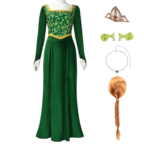 Nahzsai Prinzessinnen-Kostüm, grünes Samtkleid, Cosplay, Maxikleid, ausgefallenes Halloween-Kleid für Damen, Kleid, Perücke, Ohren und Krone, M