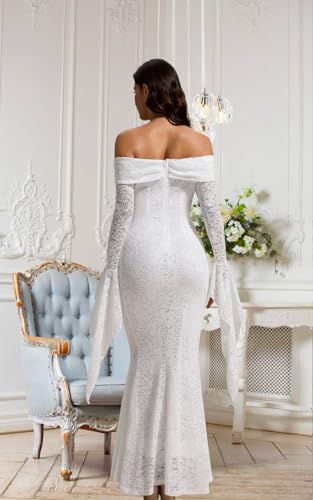 Image of Cercis Womens Off The Shoulder Floral Lace Maxi Wedding Dress Boho Flowy Wedding Guest Formal Long Dresses