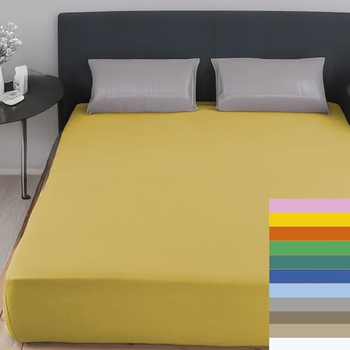 Home Tresor - Lenzuolo Matrimoniale Sotto con Angoli 100% Cotone Certificato Oeko-Tex Fresco e Traspirante Coprimaterasso con Elastico Due Piazze 170/180 x 190/200 cm Mon Ami Giallo