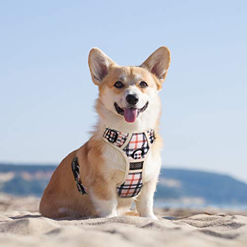 PoyPet Keine Pull Hundegeschirr Front Reflektierende Pet Weste für Hunde mit Einfache Kontrolle Griff und Rückseite perfekt für den täglichen Training, Walken, Running(Kariertes Beige,M)