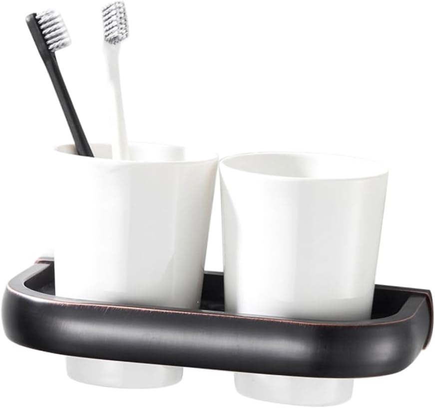 GLEAVI Ceramic Double Toothbrush Cup Holder Wall Mounted Toothbrush Organizer Antique Copper Finish Heavy Duty for Bathroom and Hotel Use
