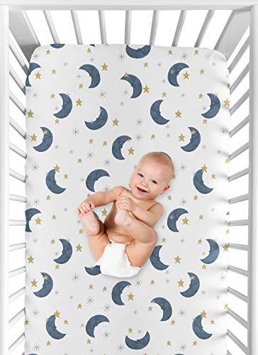 Image of Sweet Jojo Designs Fitted Baby Crib Sheets (Moon and Star) for Boys or Girls, Infant Nursery, Toddler Room - Standard Size (Watercolor, Celestial, Sky, Navy Blue and Gold Moons and Stars)
