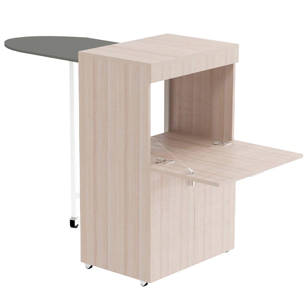 Shally Dogan Mobile Asse da Stiro a Scomparsa Salvaspazio Richiudibile, Mobiletto Pieghevole Telaio in Legno per Stiratura Veloce, 4 Ruote per Spostamento, Ideale Lavanderia, Bagno (Olmo)