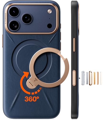 TORRAS Ostand Q3 VegSkin für iPhone 17 Pro Hülle (Nachhaltig Silikonleder) (360 Magnetischer Unsichtbarer Ständer) Premium Haptik Langlebig Hülle iPhone 17 Pro Case Edle Lederstruktur Blau