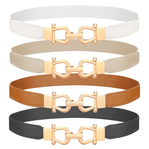 4 Pack Women Stretchy Thin Waist Belt, Fashion Elastic Skinny Belt for Ladies Dresses Jeans with Metal Gold Buckle - Main Image